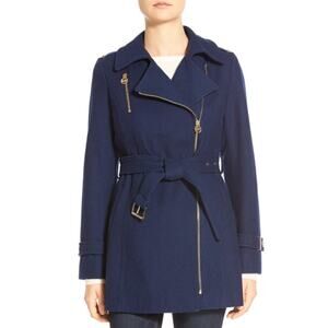 Michael Kors Wool Blend Belted Peacoat Classic Preppy Collared Jacket Navy Blue